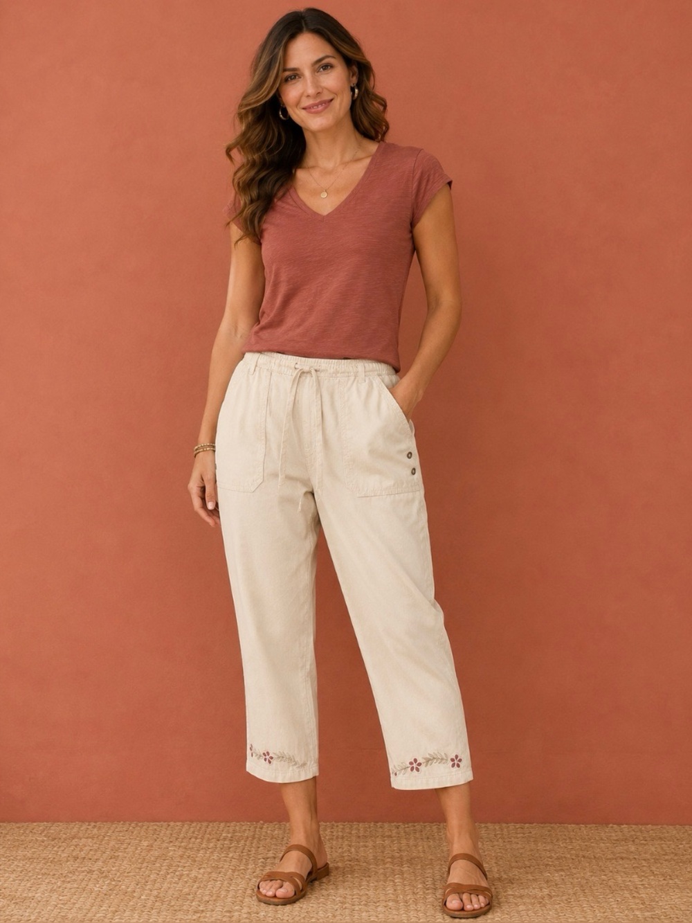 Basic Editions Size XL Ecru Capris With Floral/Leaf Embroidering EUC